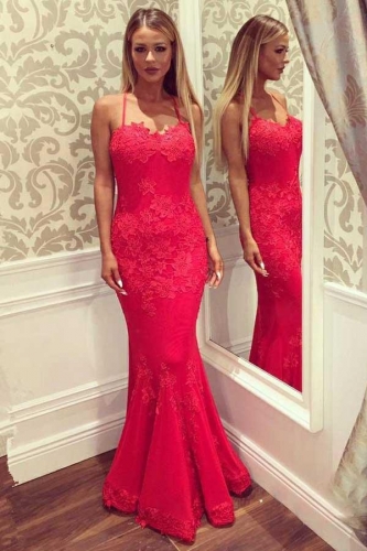 $169.99 --Mermaid Swewetheart Straps Red Satin Prom Dress with Appliques  PG592--1.jpg
